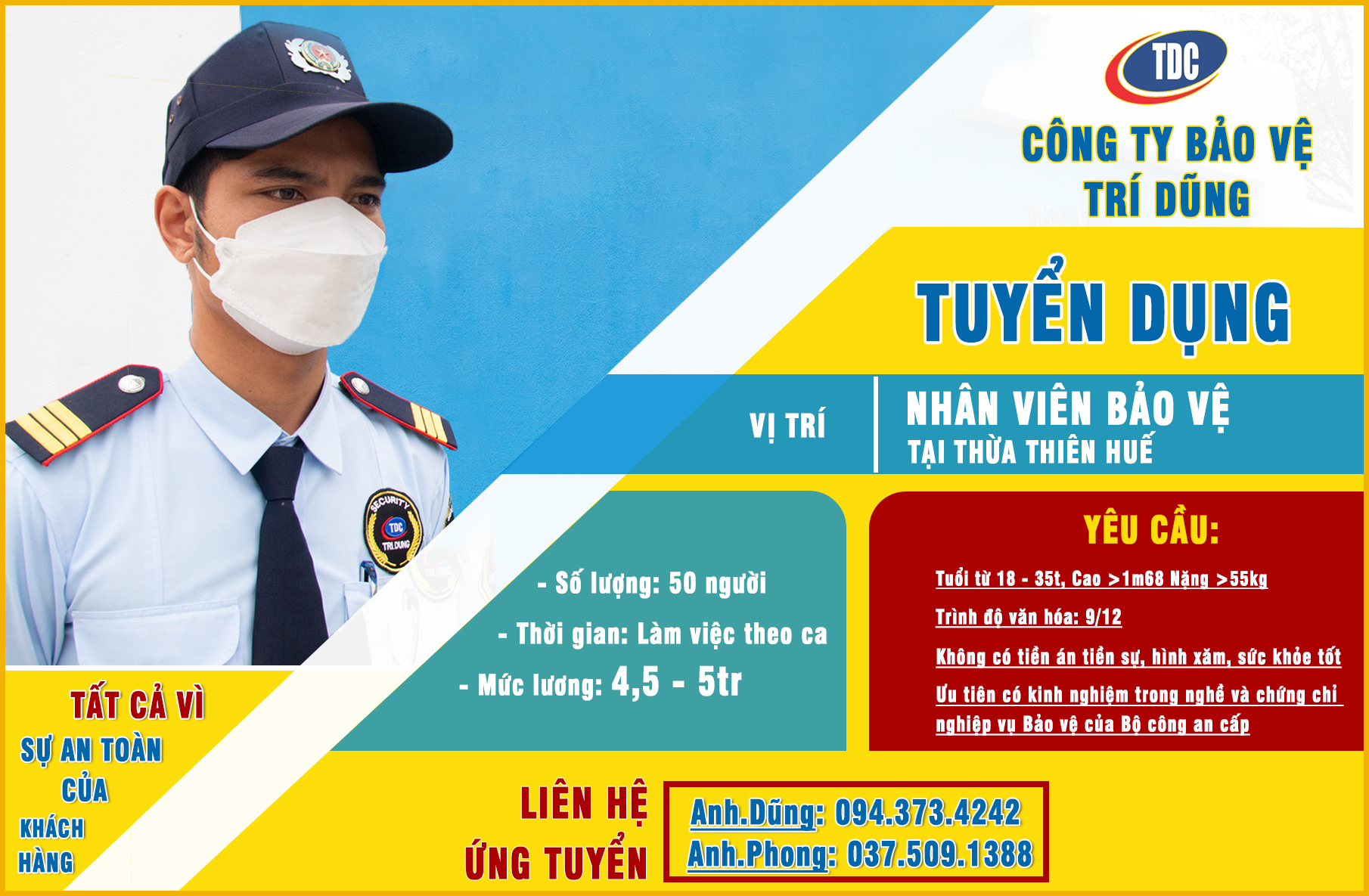 ThÔng BÁo TuyỂn DỤng TẠi HuẾ CÔng Ty Tnhh DỊch VỤ BẢo VỆ TrÍ DŨng